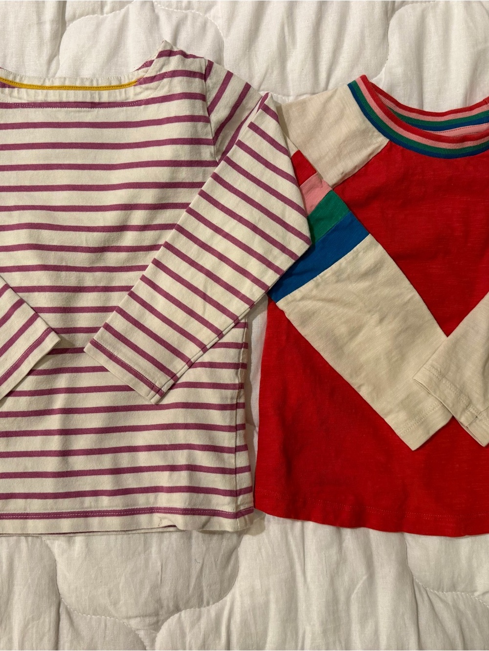 Mini Boden Cream & Purple Stripe Tee with Red Colorblock Long Sleeve